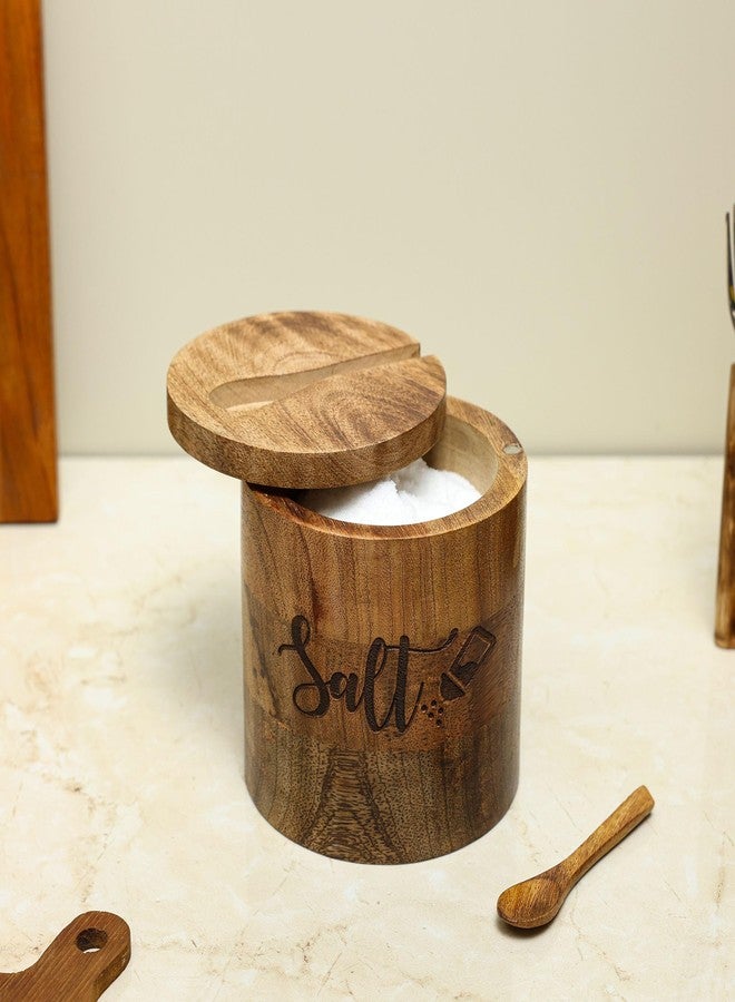 dudki Wooden Salt Box with Magnetic Lid with Attached Spoon on Top| 800 ML Round Salt Container| Bowl Pot Jar Salt Box | Mango Wood for Dinning Table| Kitchen Home - Image 2